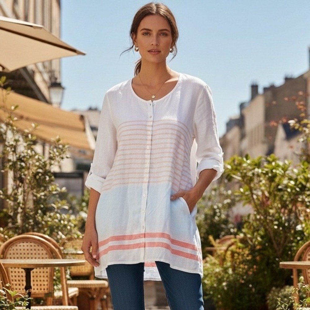 C&C California Top Women's Sz 1X White Pink Linen Button Up Shirt Roll Tab Retro